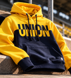 Yellow and Navy UNION Hoodie on Stadium Steps